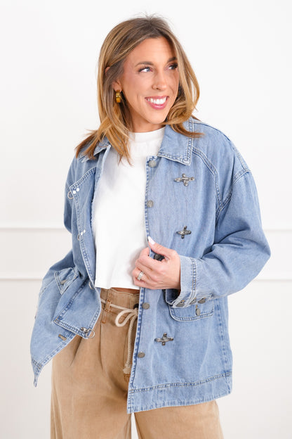 Light Wash Long Sleeve Barn Jacket with Buckle Details