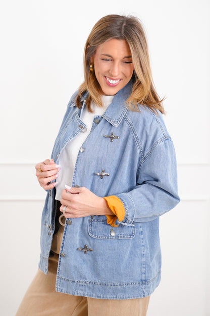 Light Wash Long Sleeve Barn Jacket with Buckle Details