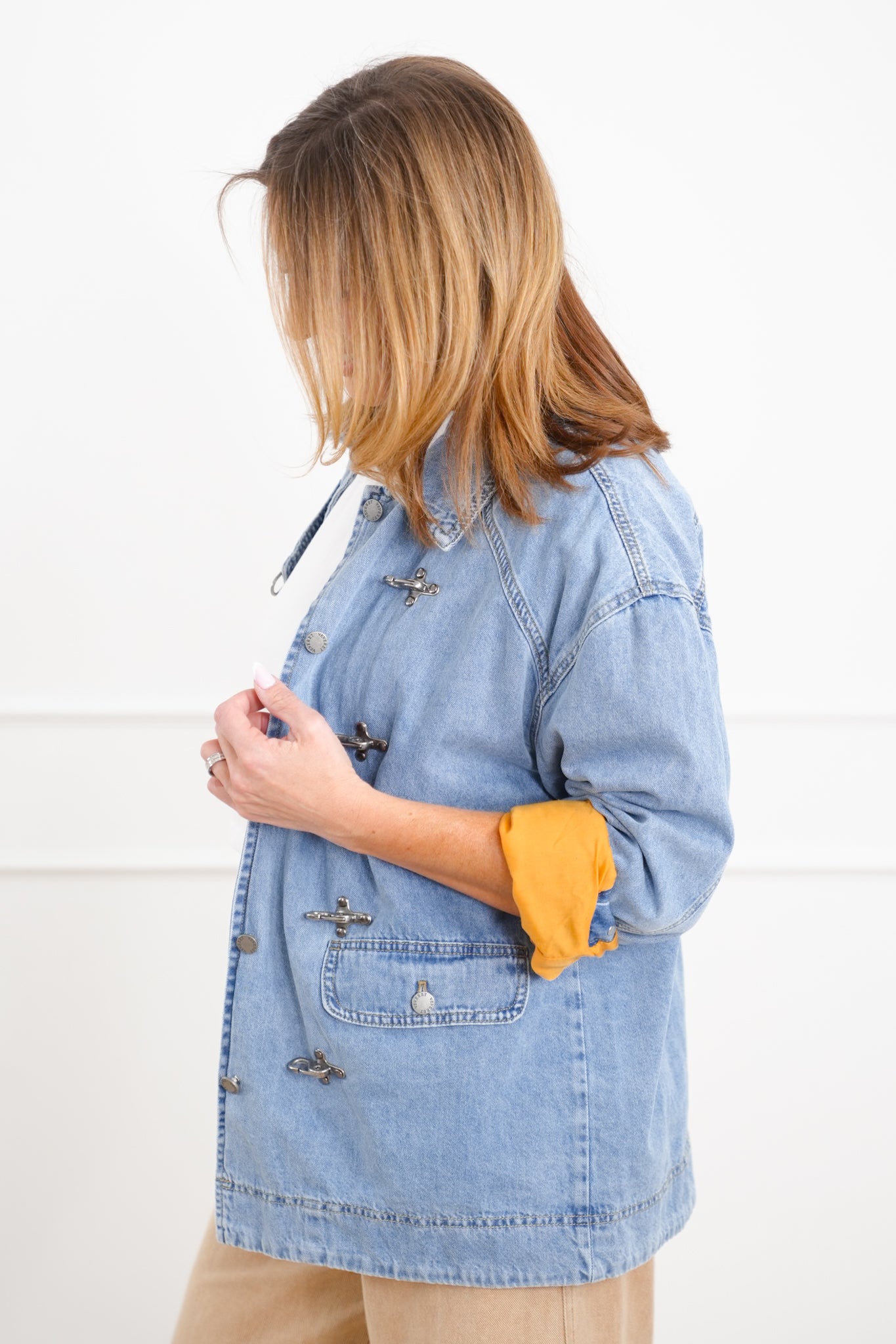 Light Wash Long Sleeve Barn Jacket with Buckle Details