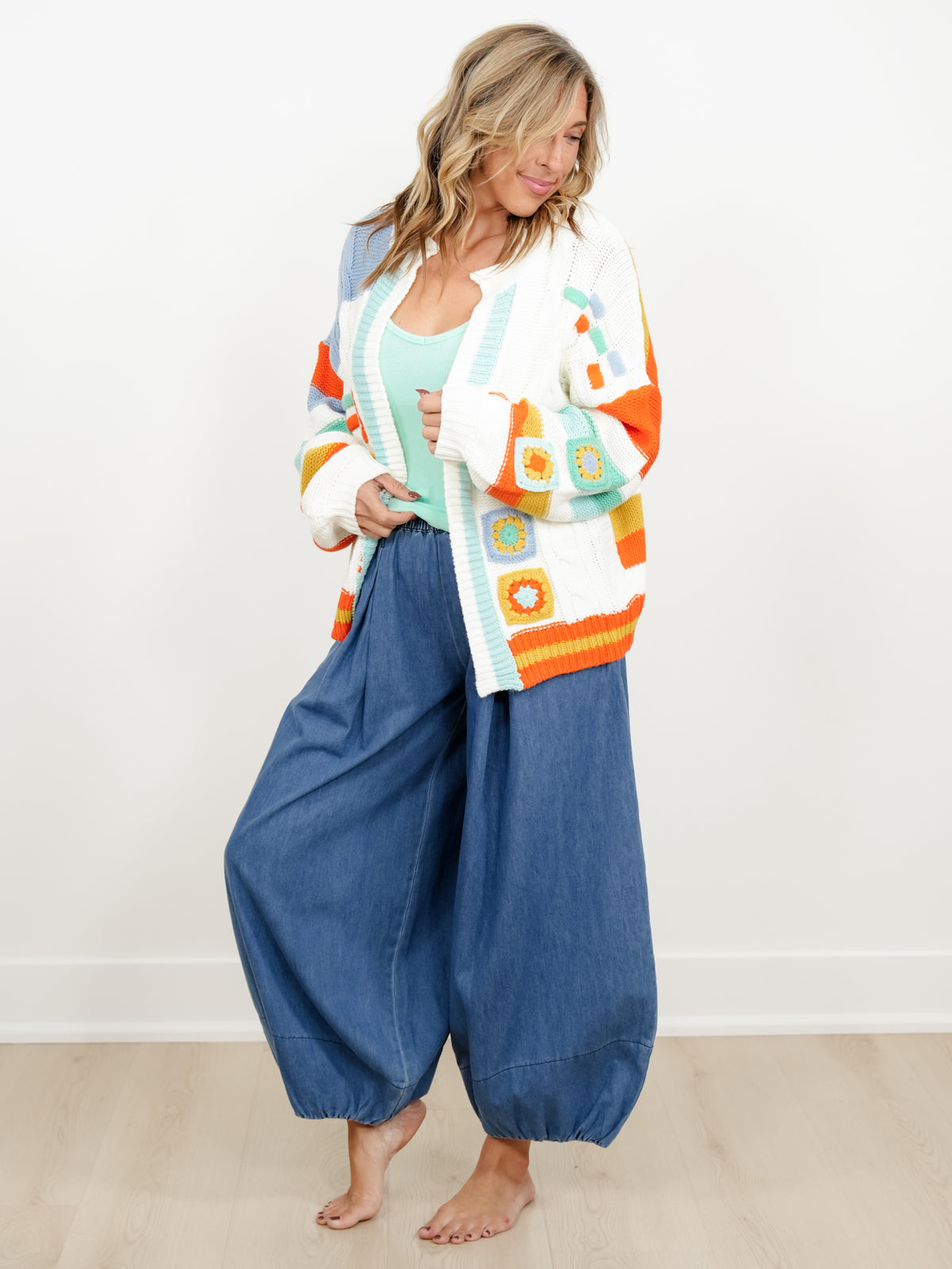 Plus/Reg Stripe and Crochet Granny Square Sweater Cardigan