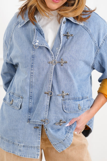 Light Wash Long Sleeve Barn Jacket with Buckle Details