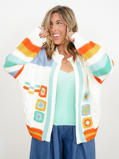 Plus/Reg Stripe and Crochet Granny Square Sweater Cardigan