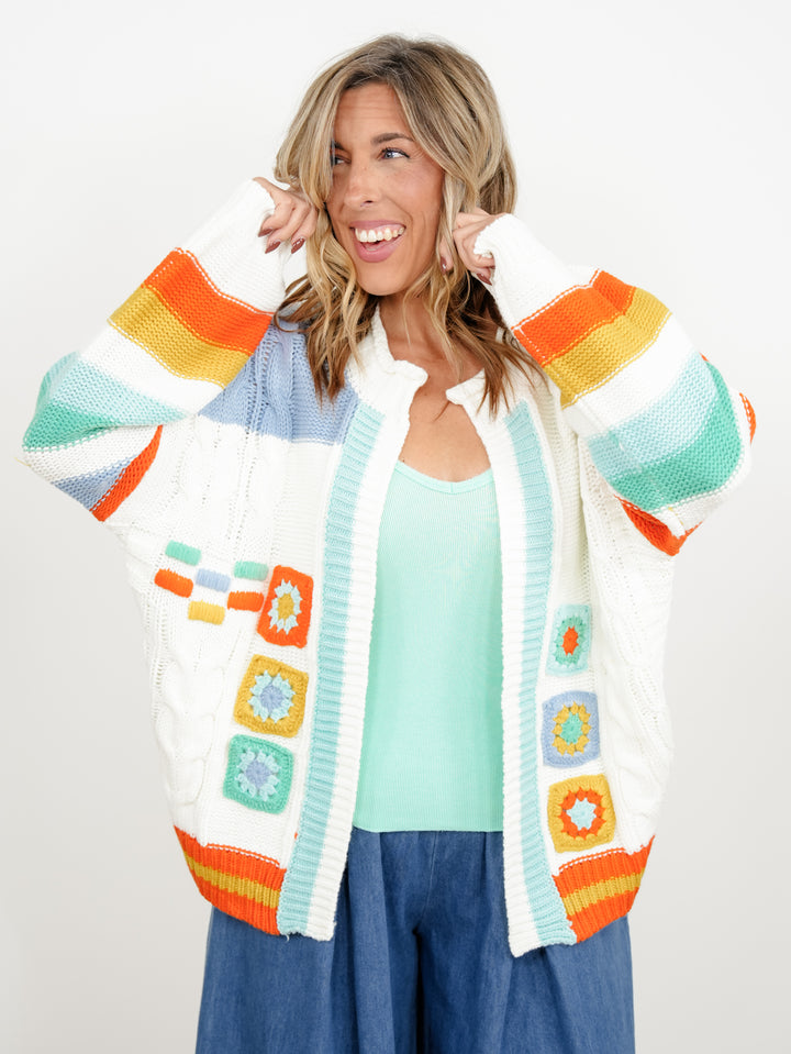 Plus/Reg Stripe and Crochet Granny Square Sweater Cardigan - Freckled Poppy