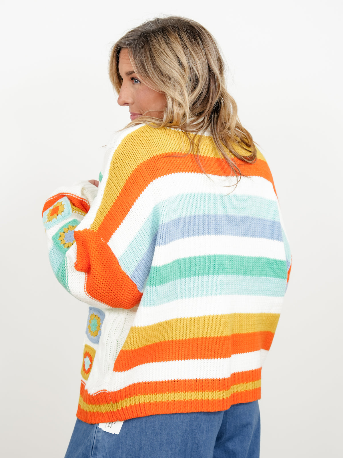 Plus/Reg Stripe and Crochet Granny Square Sweater Cardigan
