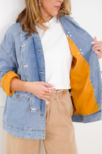 Light Wash Long Sleeve Barn Jacket with Buckle Details