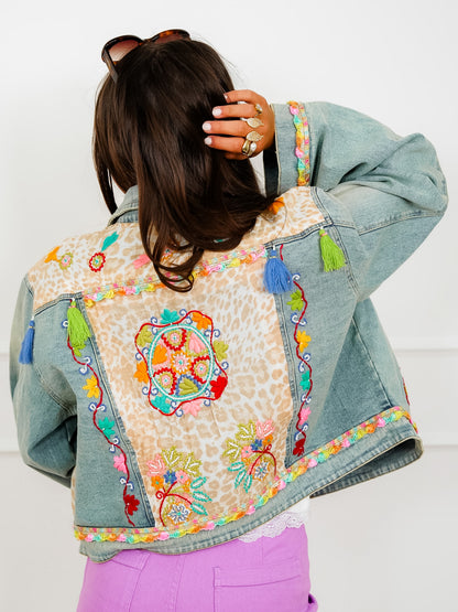 POL Embroidered Long Sleeve Button Up Jacket with Tassels
