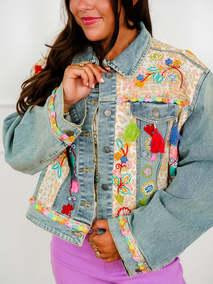 POL Embroidered Long Sleeve Button Up Jacket with Tassels