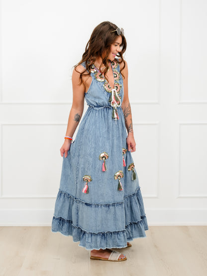 POL Sleeveless V Neck Maxi Dress with Crochet and Sequin Detail
