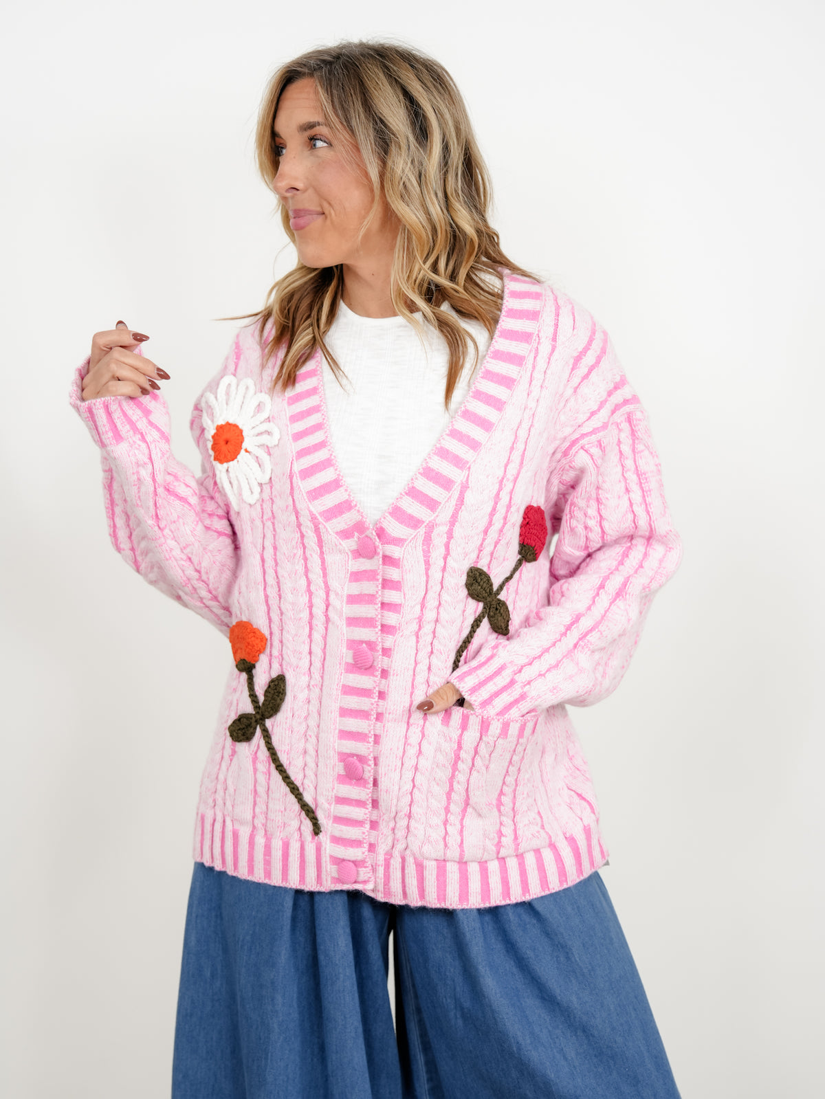 POL Cable Knit Long Sleeve Button Down Cardigan with Crochet Floral Detail