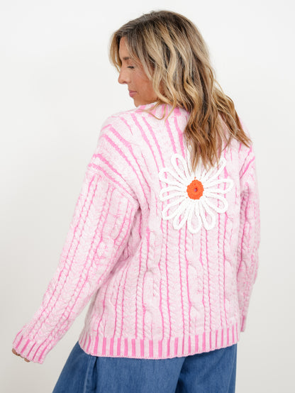 POL Cable Knit Long Sleeve Button Down Cardigan with Crochet Floral Detail