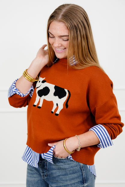 Rust Knit Long Sleeve Cow Pullover Sweater