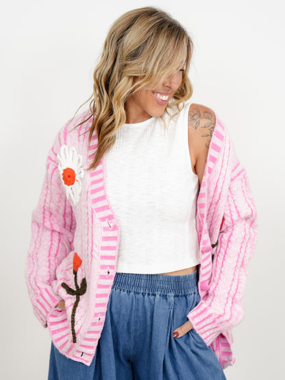 POL Cable Knit Long Sleeve Button Down Cardigan with Crochet Floral Detail