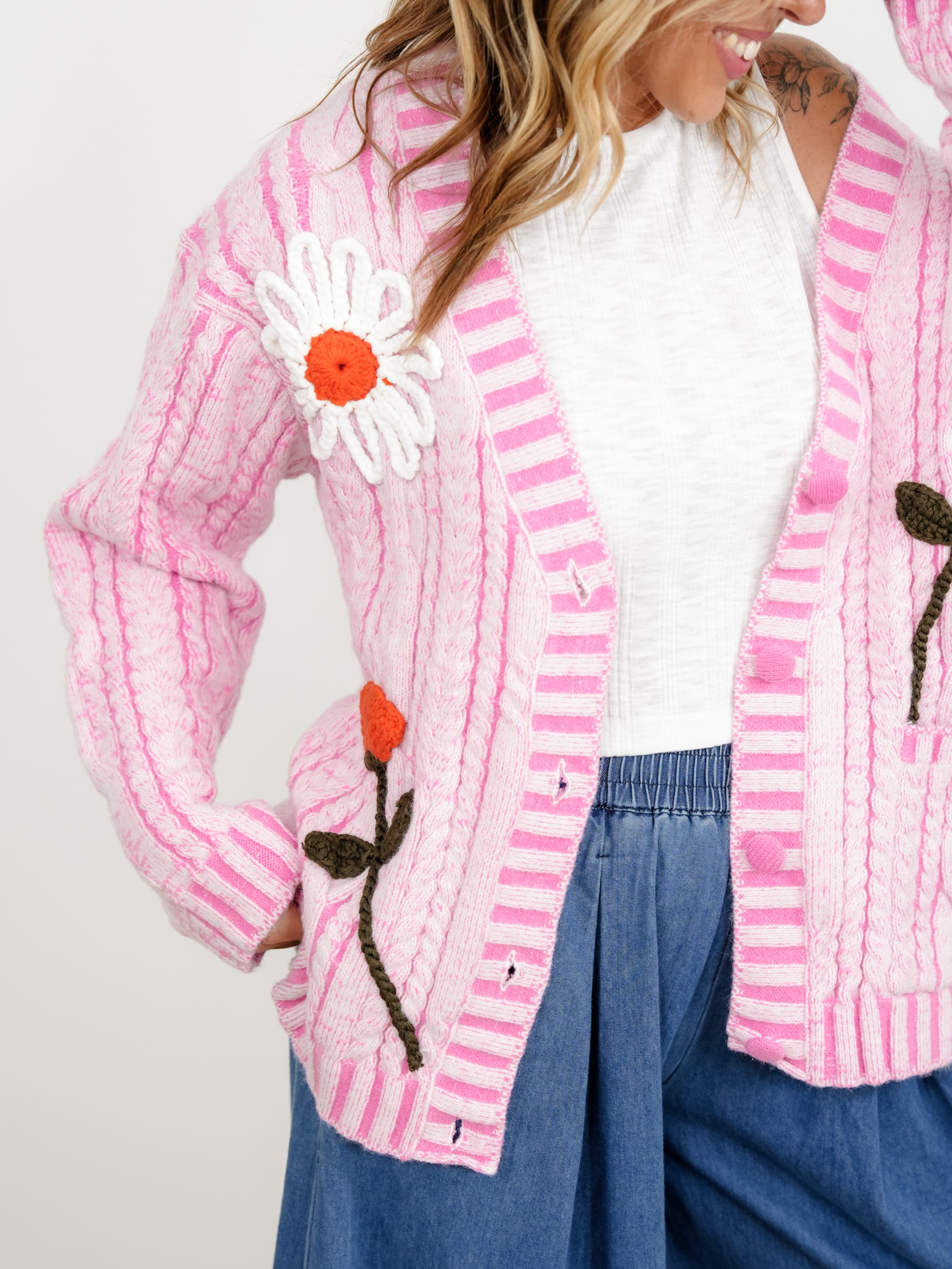 POL Cable Knit Long Sleeve Button Down Cardigan with Crochet