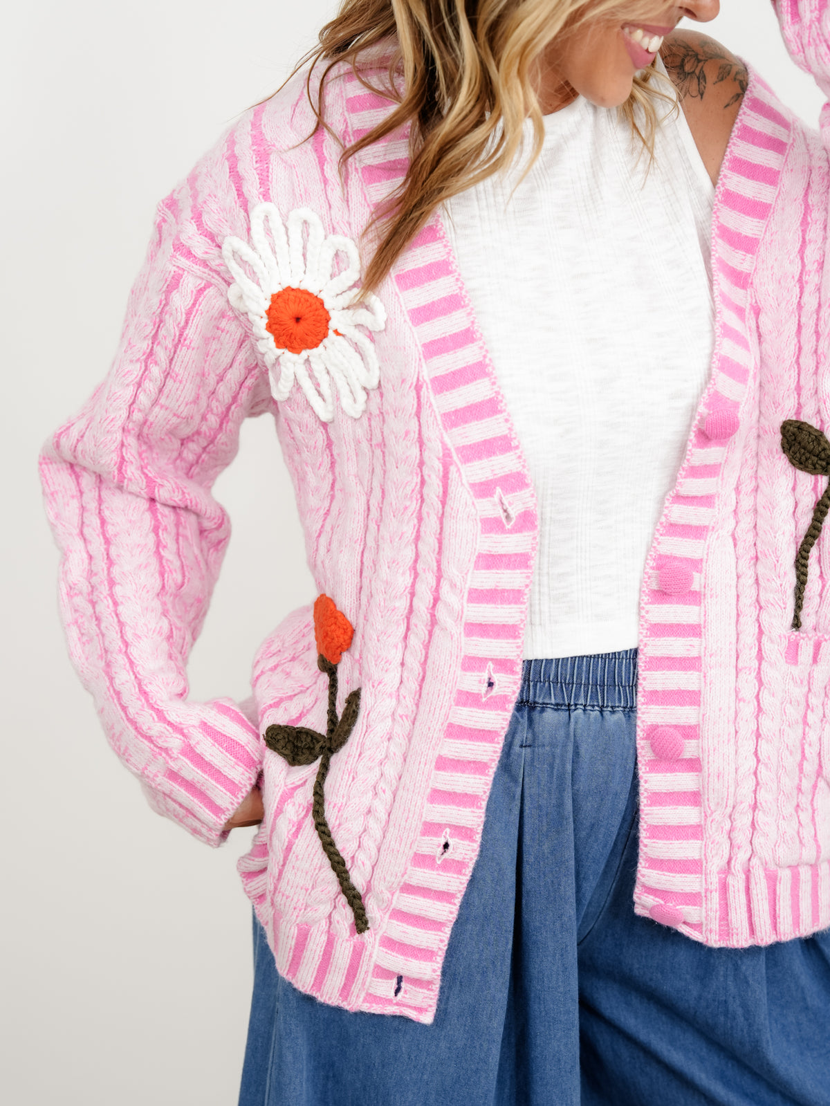 POL Cable Knit Long Sleeve Button Down Cardigan with Crochet Floral Detail