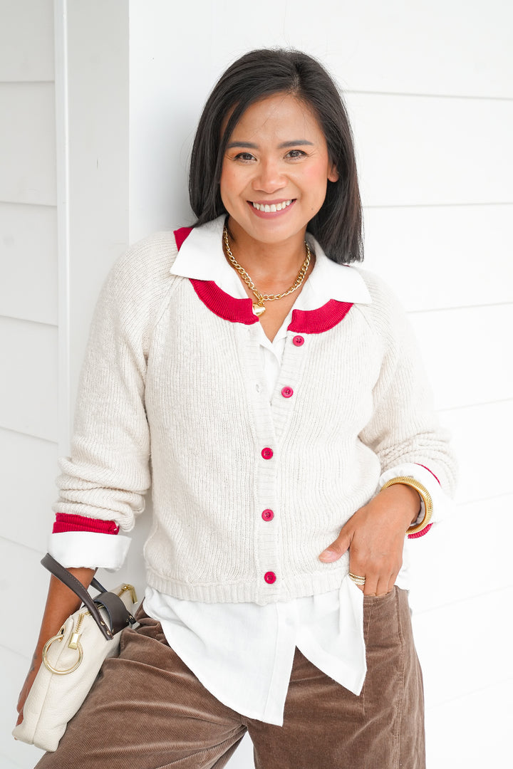 Long Sleeve Button Down Cardigan with Contrast Trim