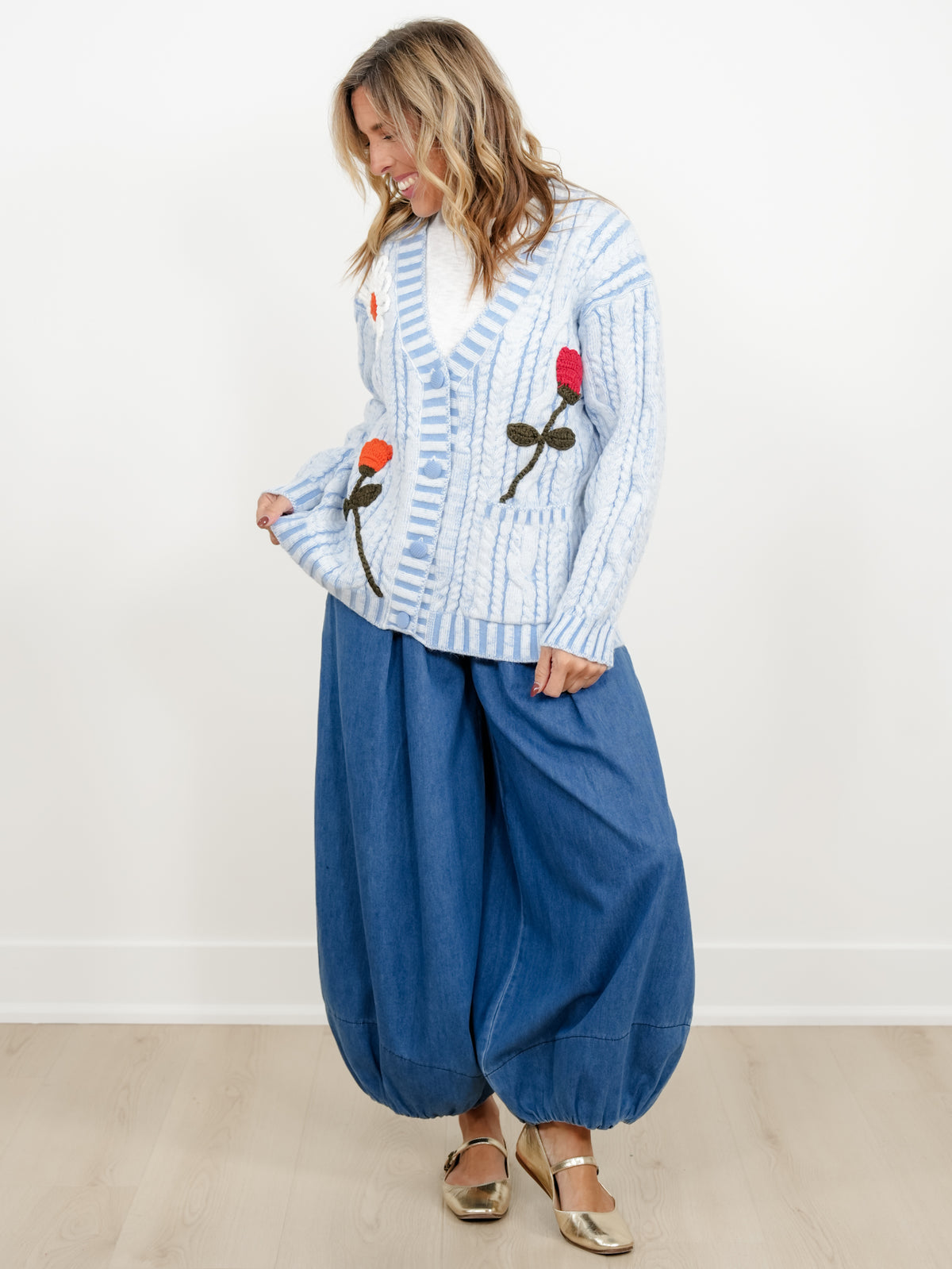 POL Cable Knit Long Sleeve Button Down Cardigan with Crochet Floral Detail