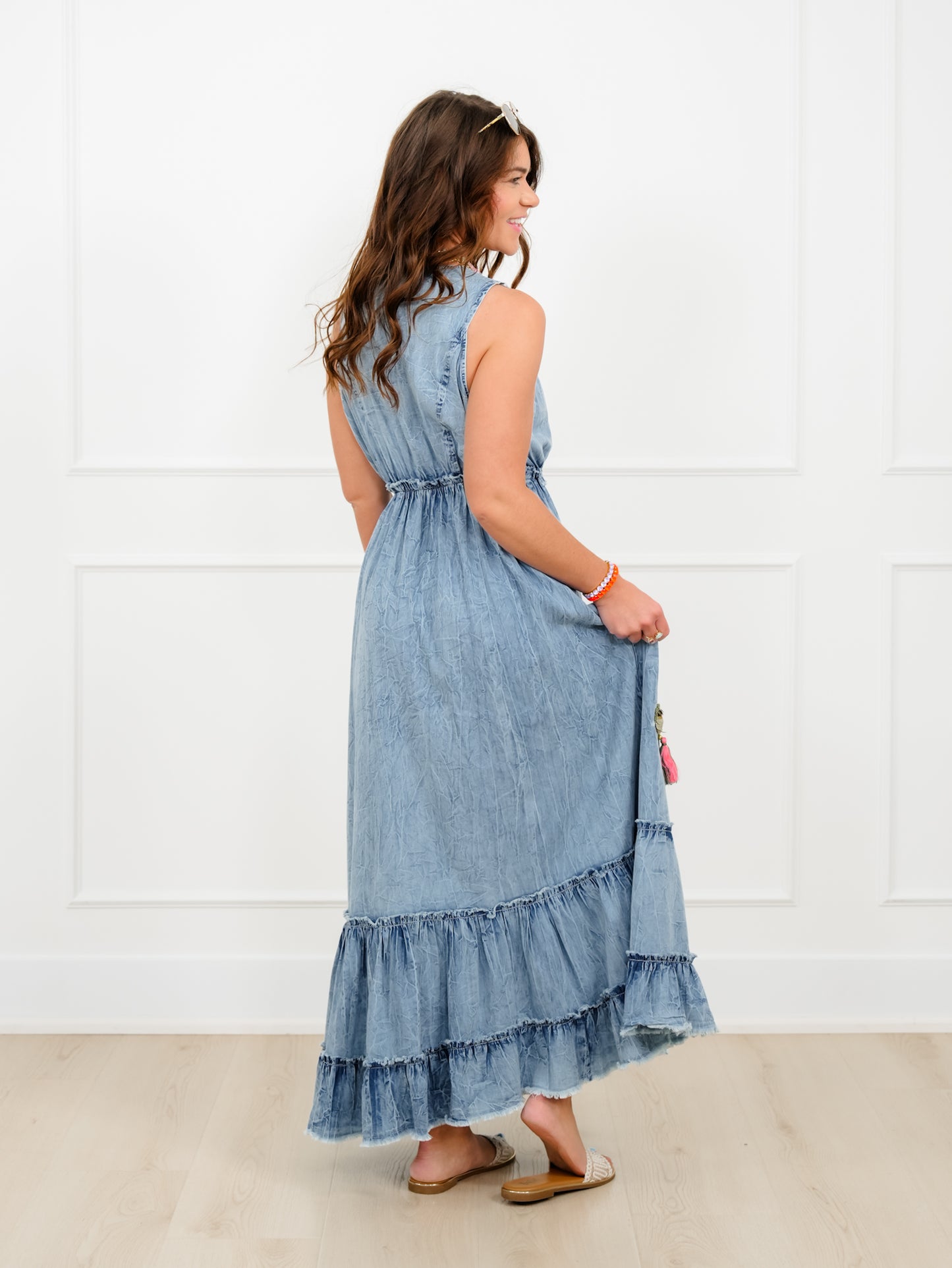 POL Sleeveless V Neck Maxi Dress with Crochet and Sequin Detail
