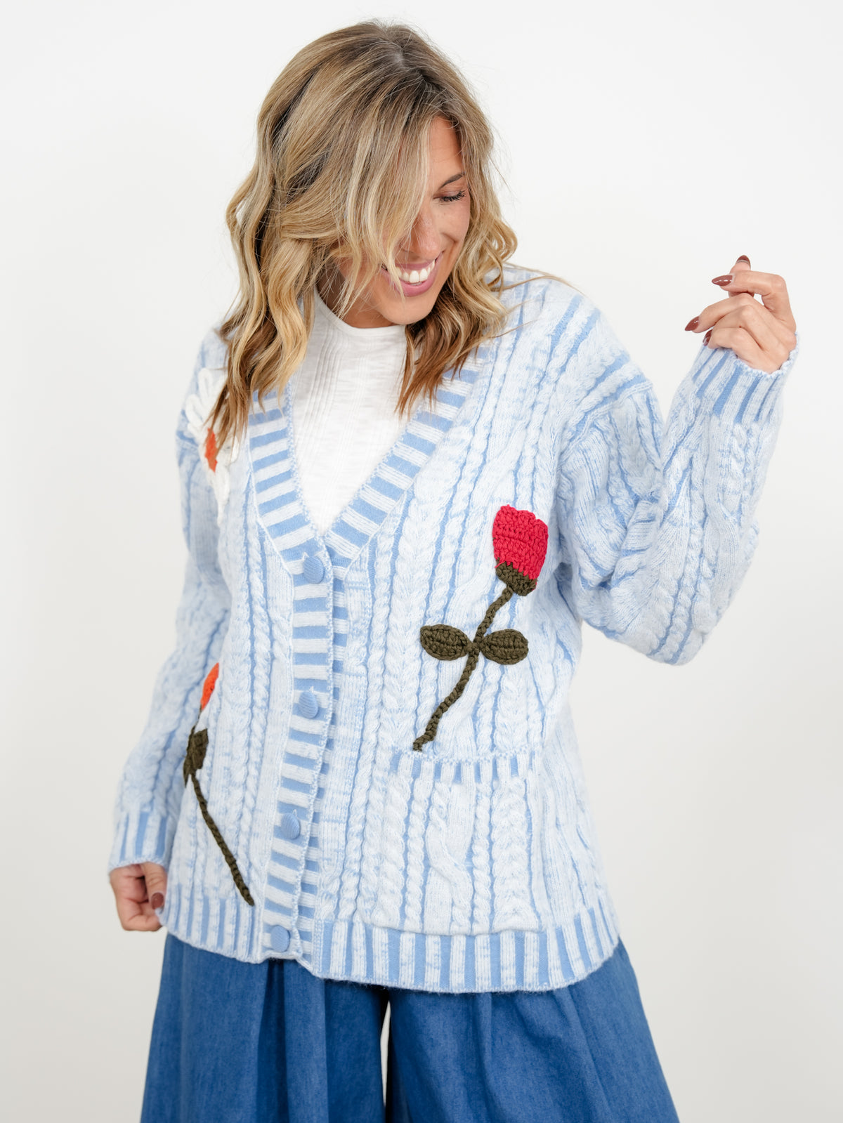 POL Cable Knit Long Sleeve Button Down Cardigan with Crochet Floral Detail
