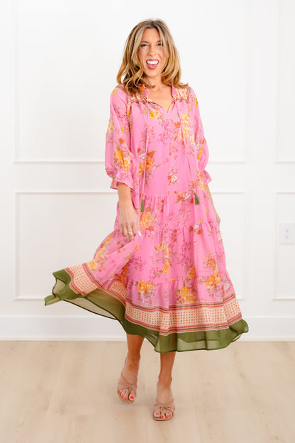 Floral Print 3/4 Sleeve Tiered Mix Dress