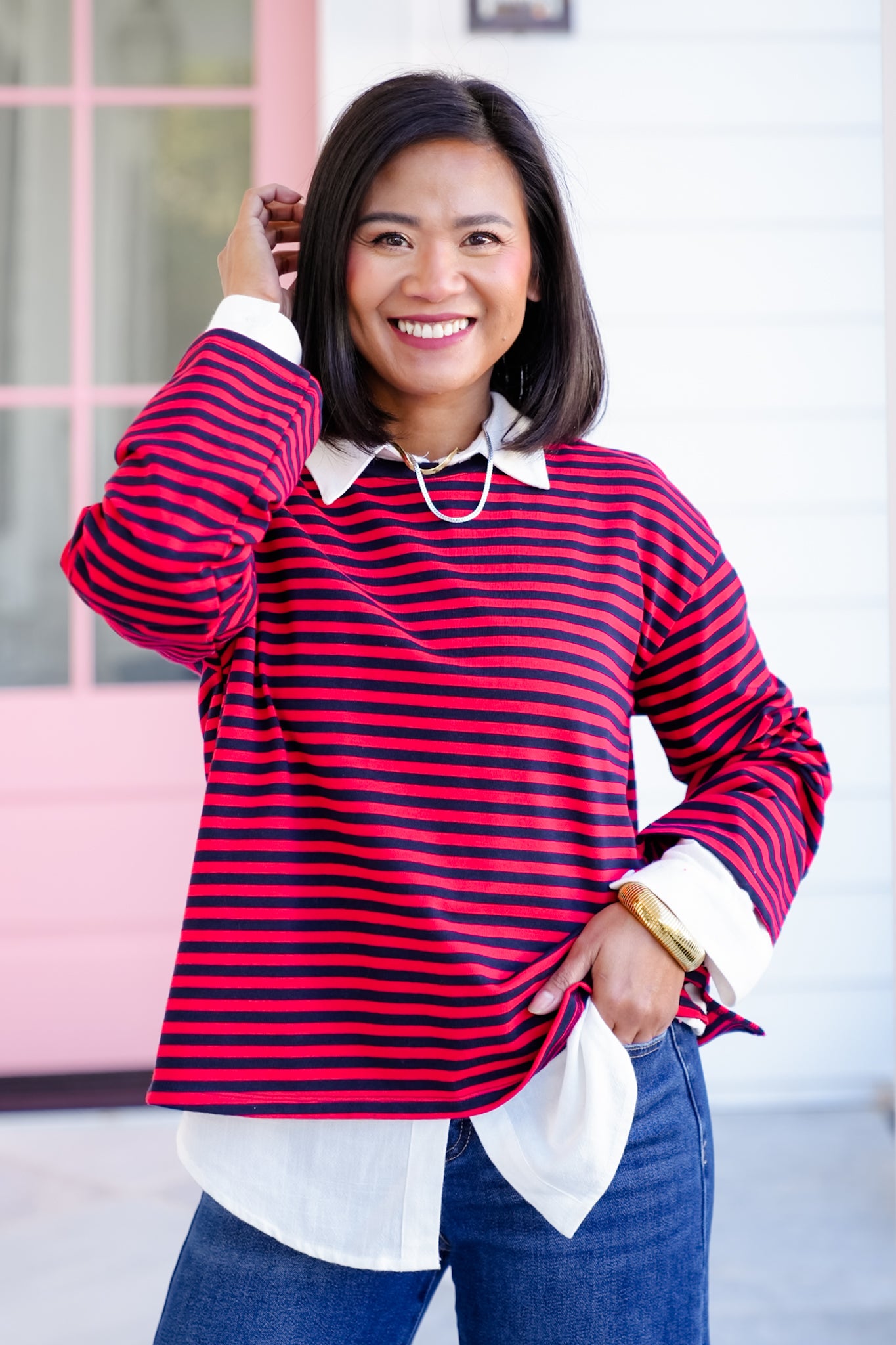 Striped Long Sleeve Round Neck Top