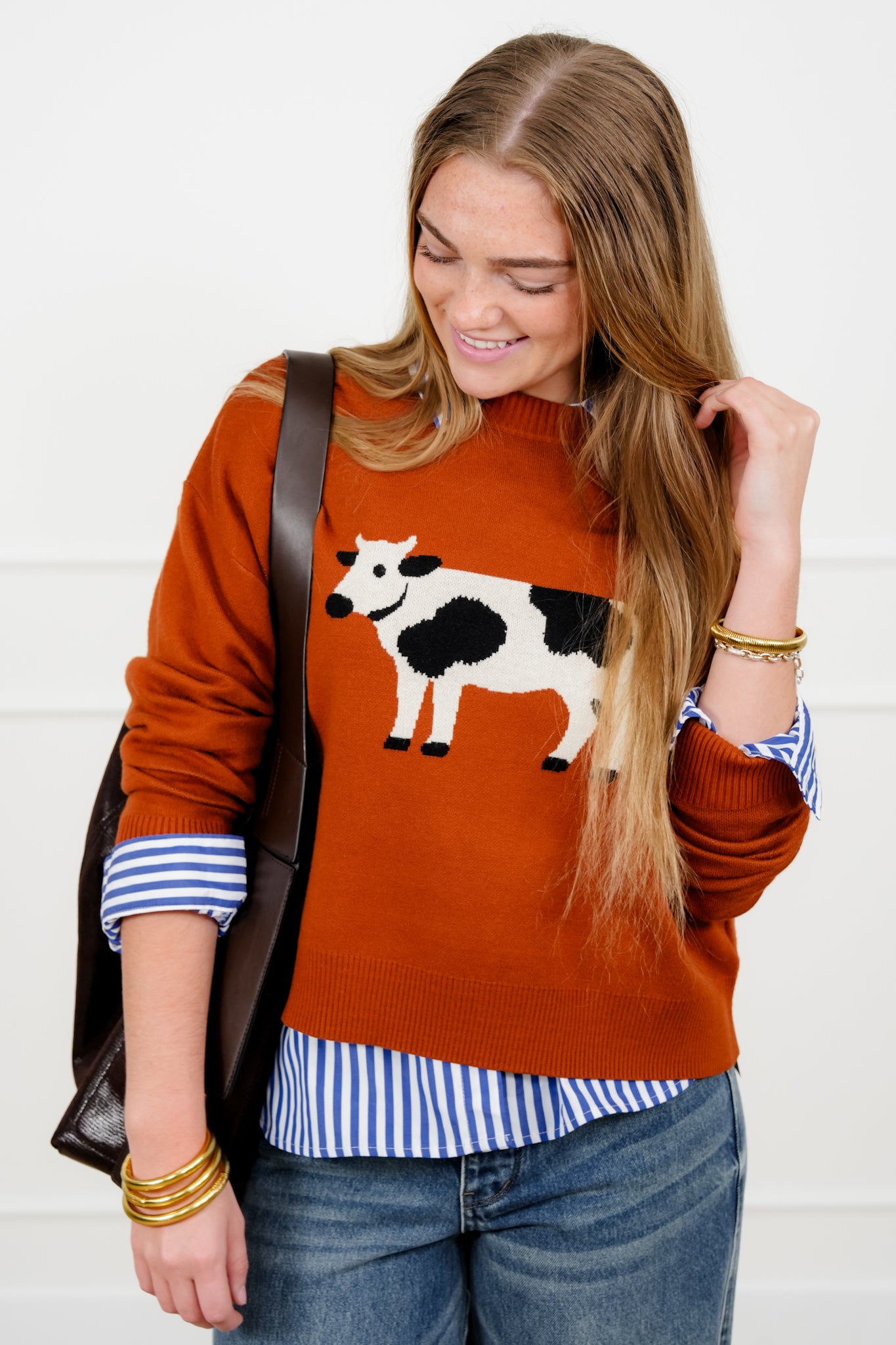 Rust Knit Long Sleeve Cow Pullover Sweater