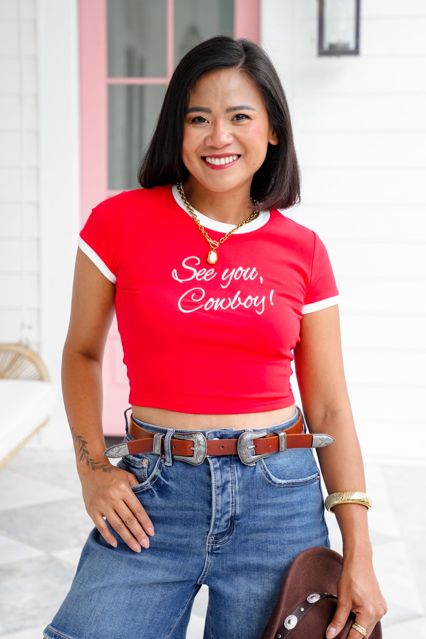 Embroidered "See You, Cowboy" Short Sleeve Crop Top