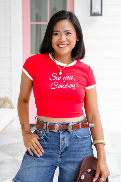Embroidered "See You, Cowboy" Short Sleeve Crop Top