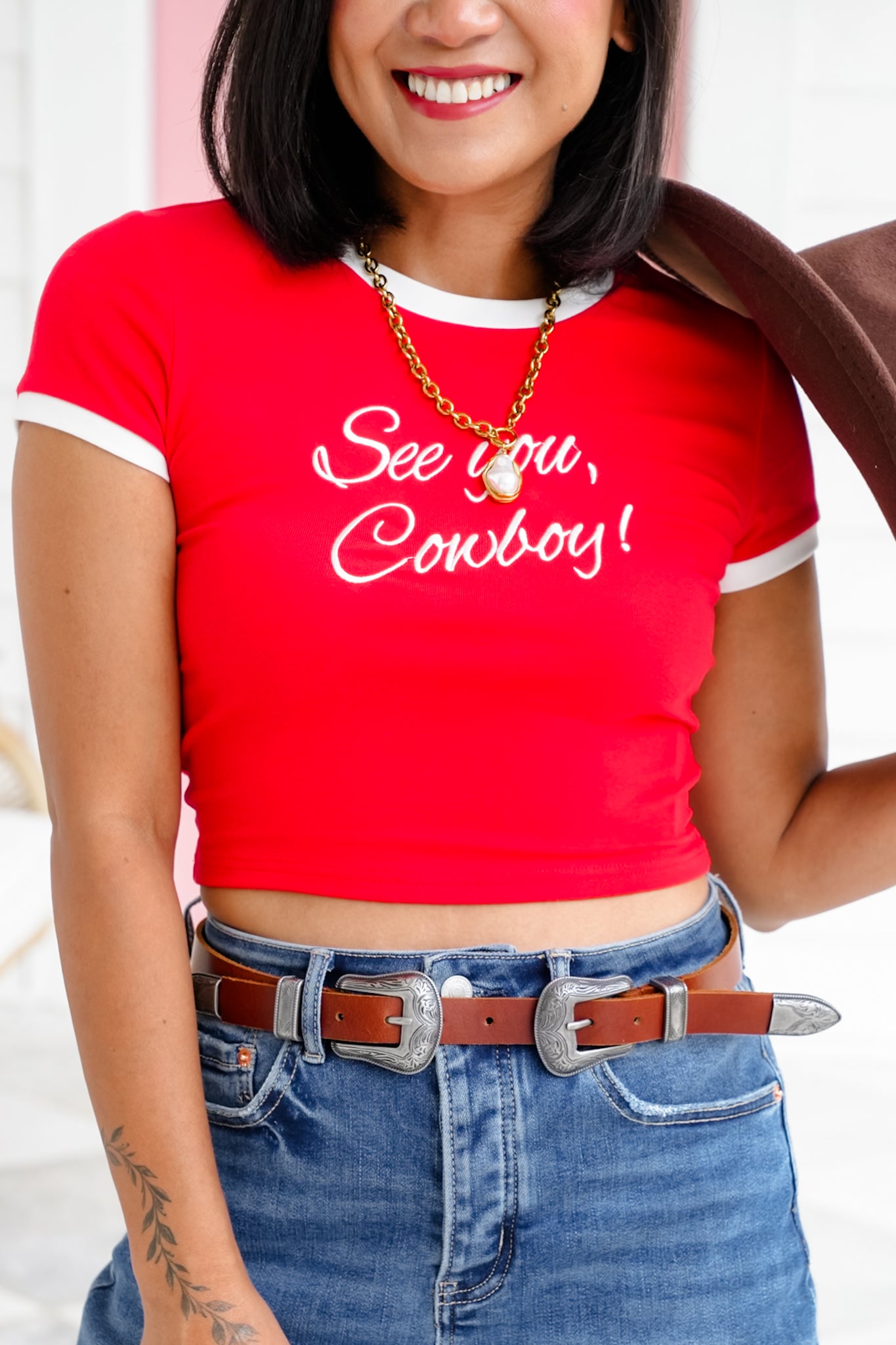 Embroidered "See You, Cowboy" Short Sleeve Crop Top