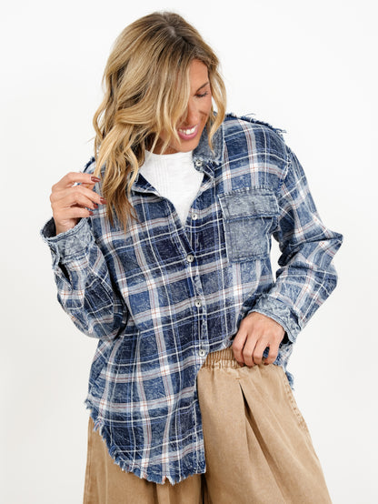 POL Plaid long Sleeve Button Down Top with Contrast Trim