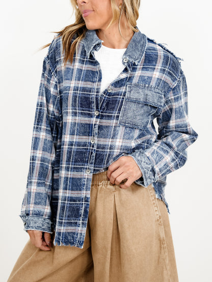 POL Plaid long Sleeve Button Down Top with Contrast Trim