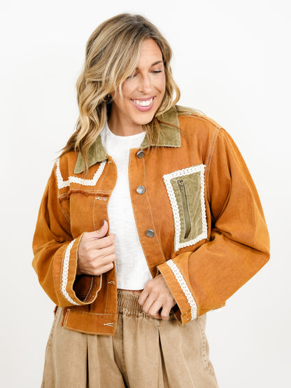 POL Long Sleeve Button Down Jacket with Corduroy Contrast