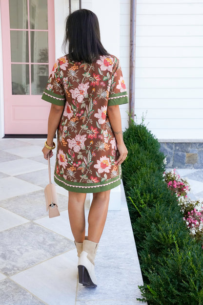Floral Print Short Sleeve Dress with Ric Rac Trim