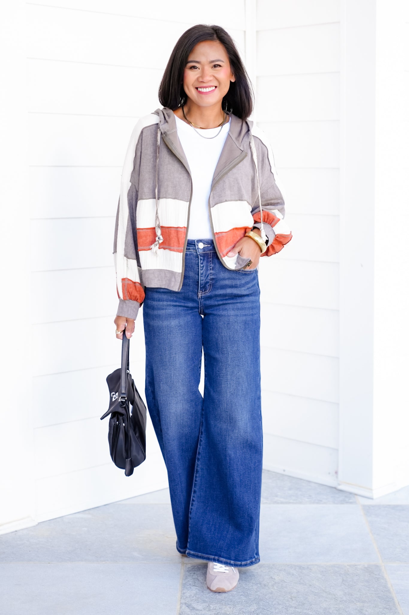 POL Color Block Long Sleeve Zip Up Hoodie Top