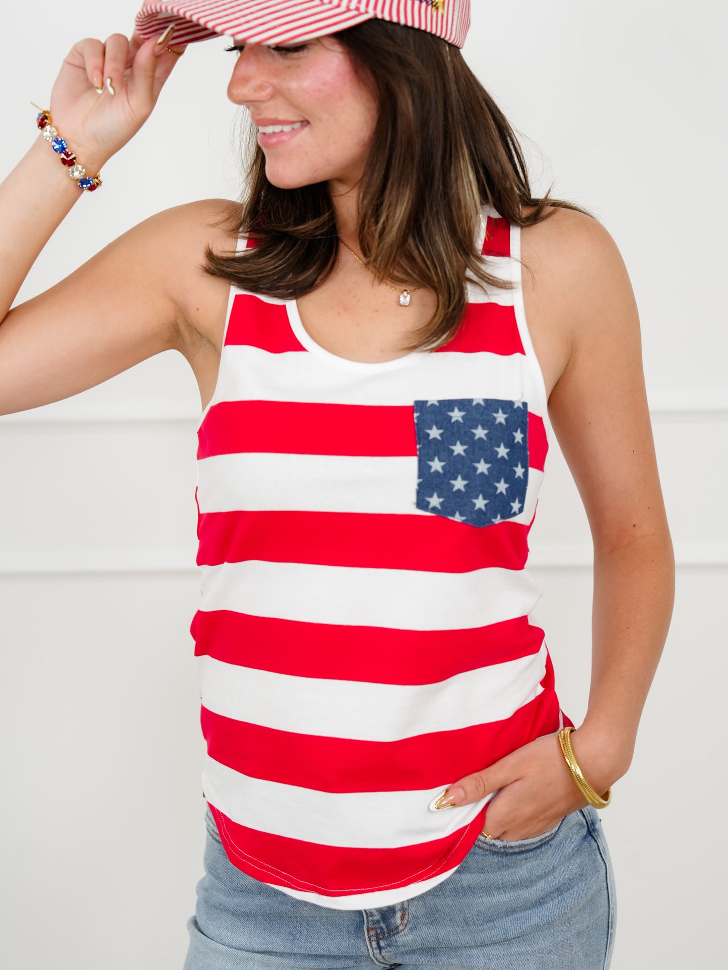 Stripe Tank Top With Stars Patch Pocket
