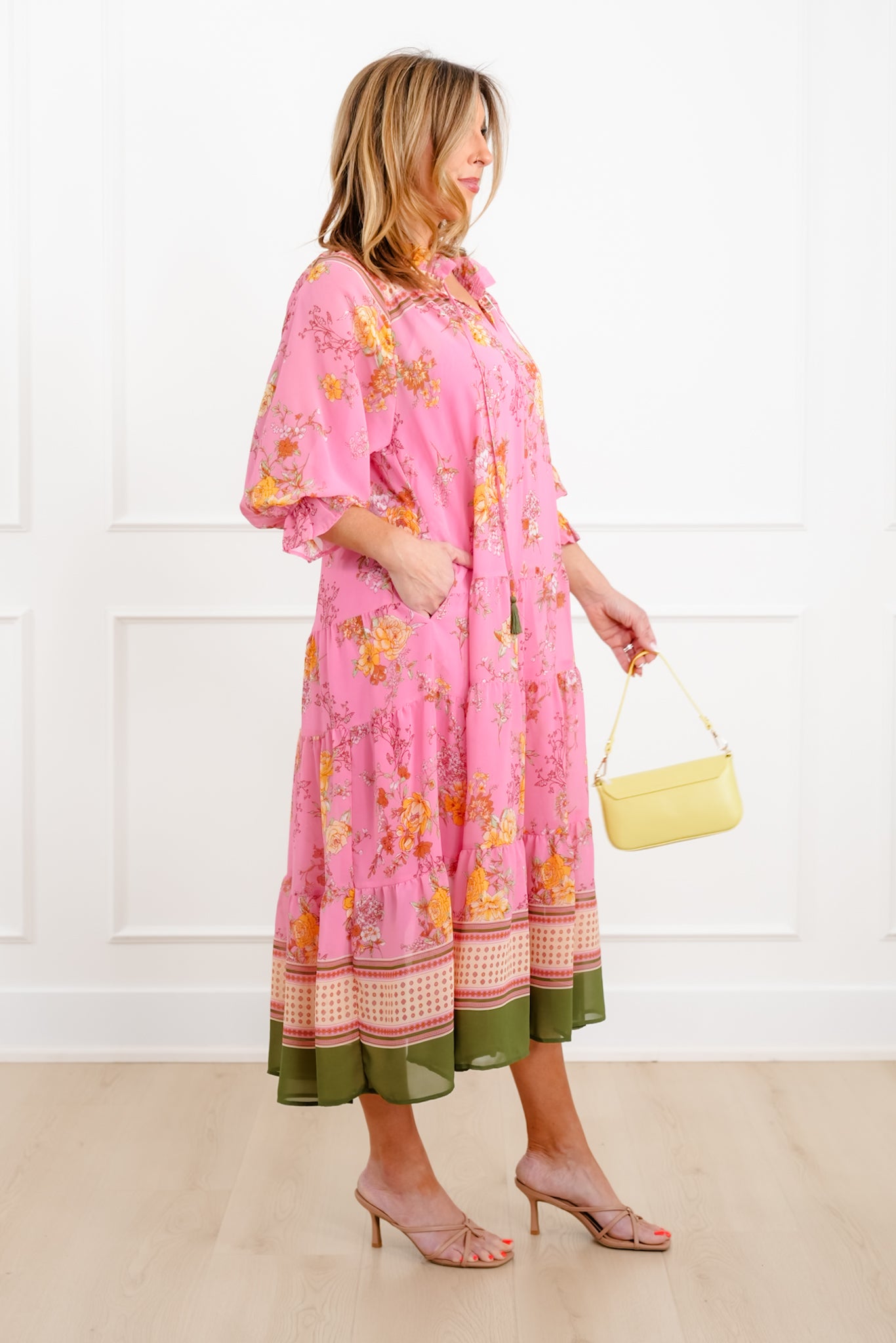 Floral Print 3/4 Sleeve Tiered Mix Dress