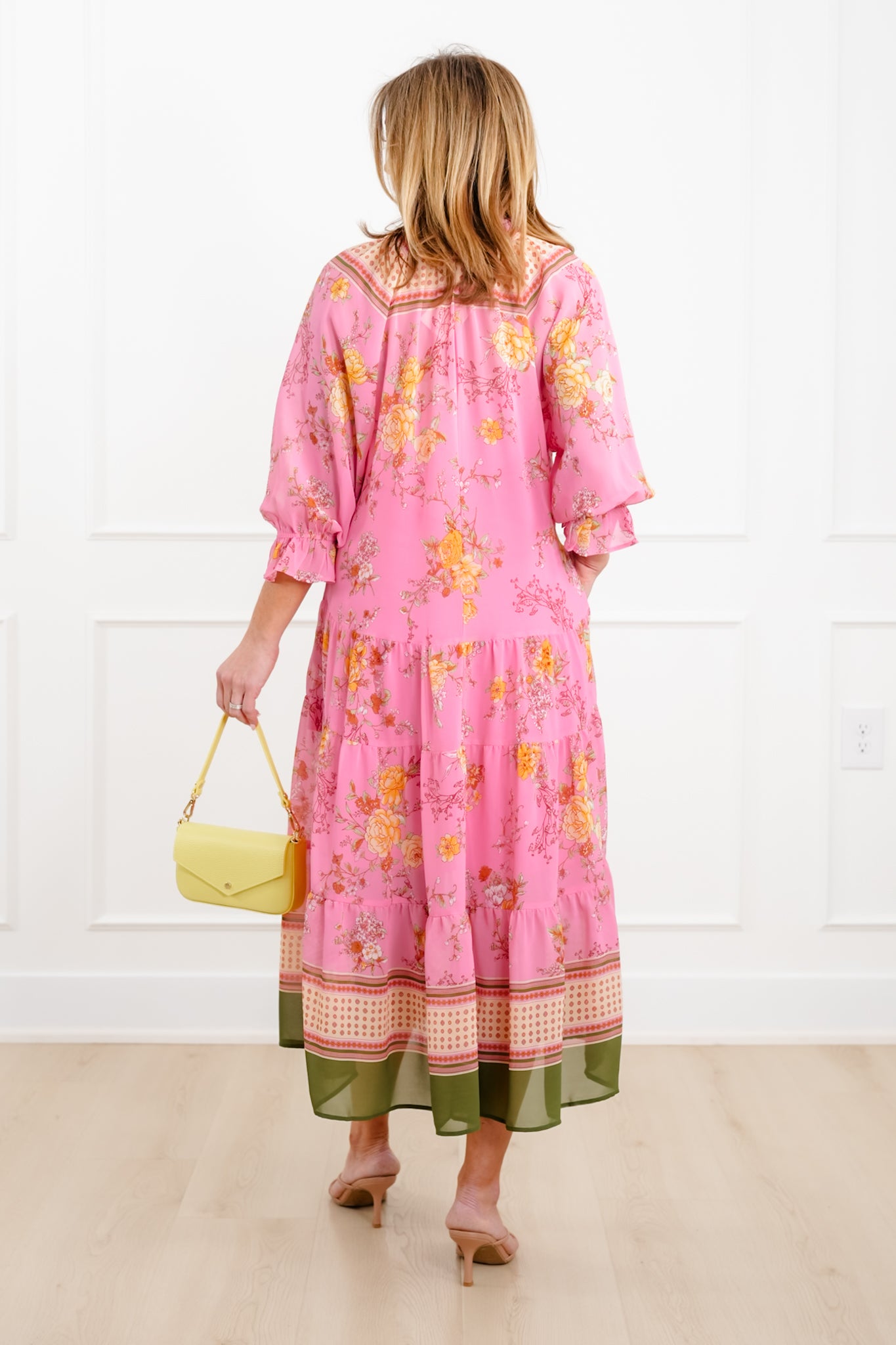 Floral Print 3/4 Sleeve Tiered Mix Dress