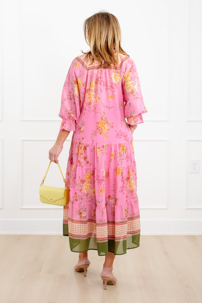 Floral Print 3/4 Sleeve Tiered Mix Dress