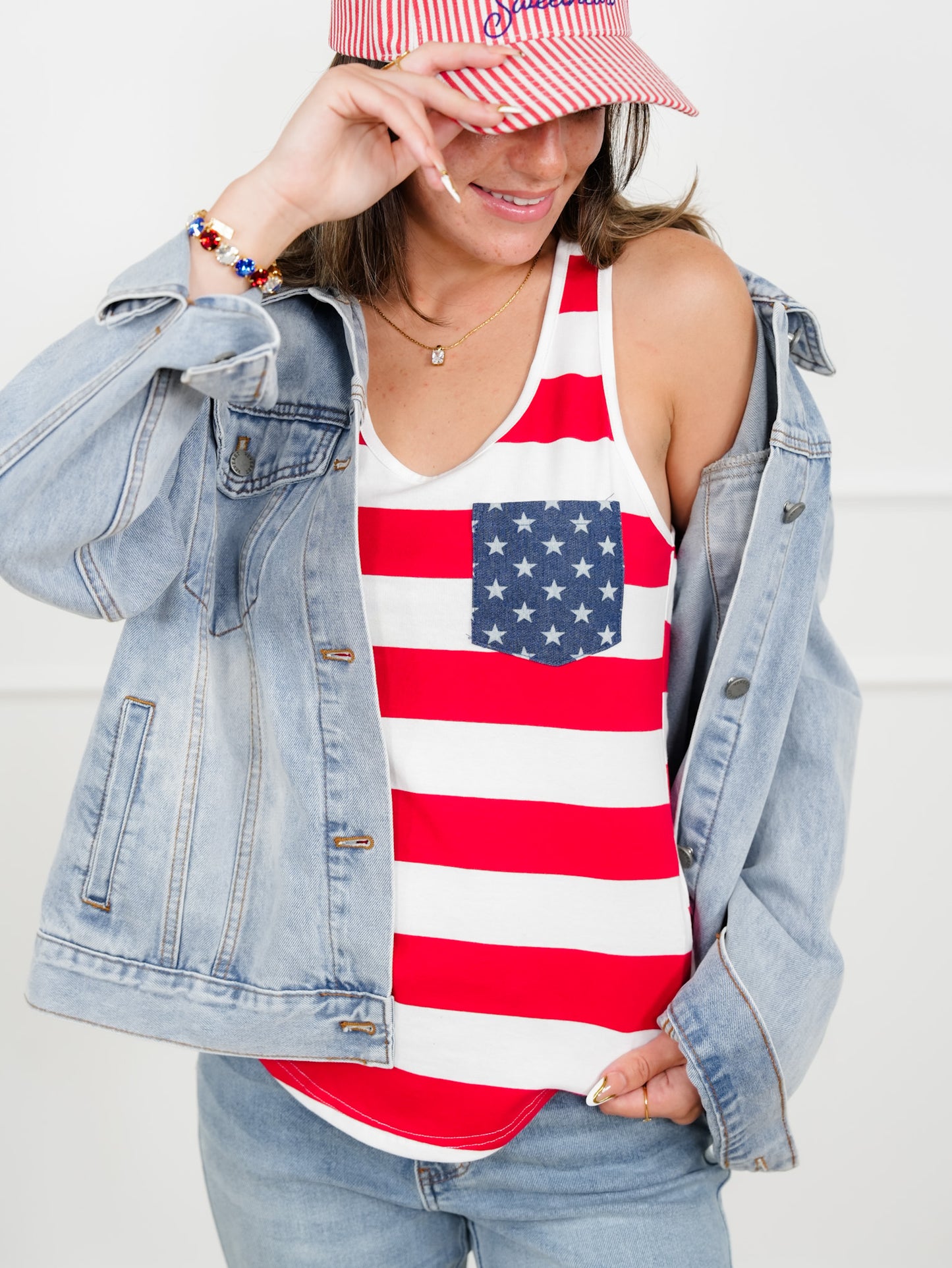 Stripe Tank Top With Stars Patch Pocket