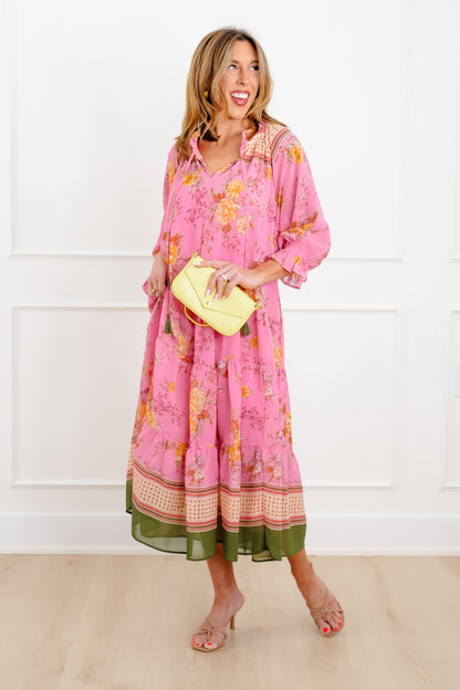 Floral Print 3/4 Sleeve Tiered Mix Dress