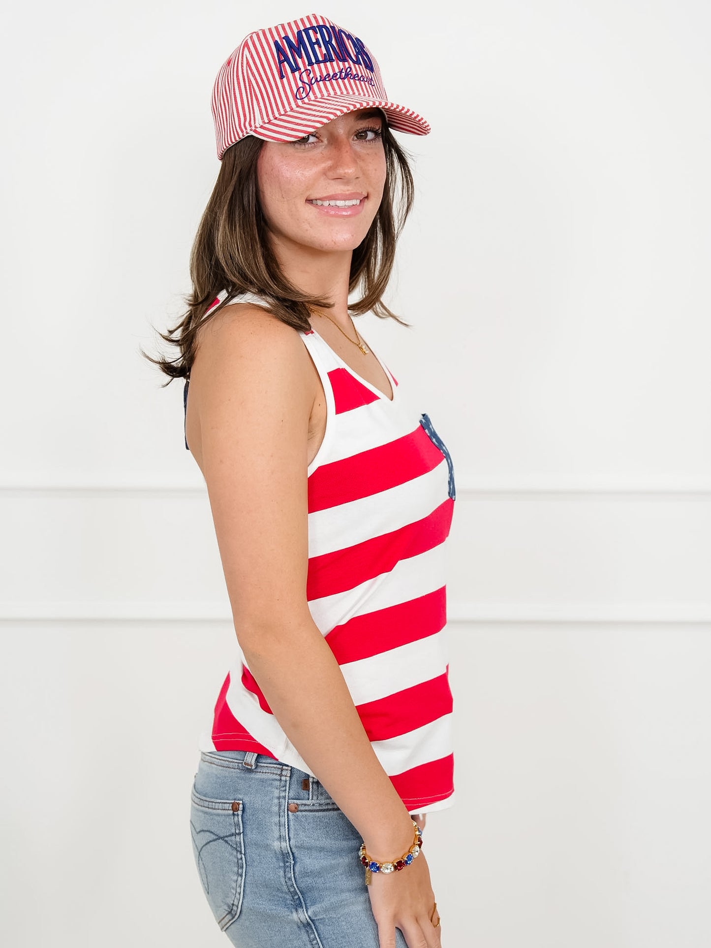 Stripe Tank Top With Stars Patch Pocket