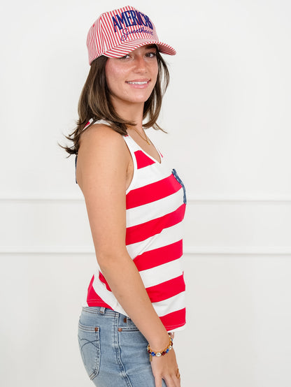 Stripe Tank Top With Stars Patch Pocket