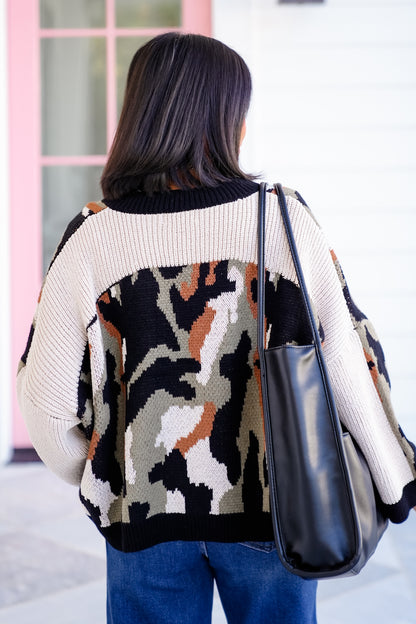 Camo Long Sleeve Drop Shoulder Knit Sweater