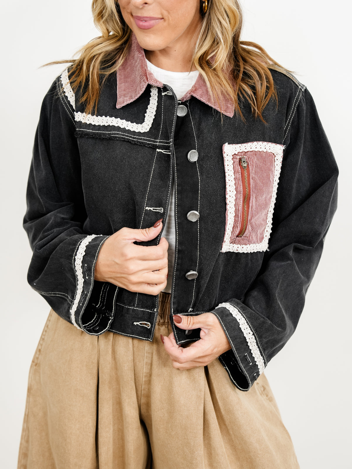 POL Long Sleeve Button Down Jacket with Corduroy Contrast