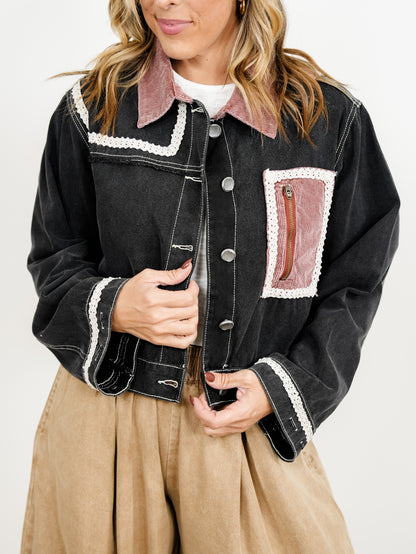 POL Long Sleeve Button Down Jacket with Corduroy Contrast