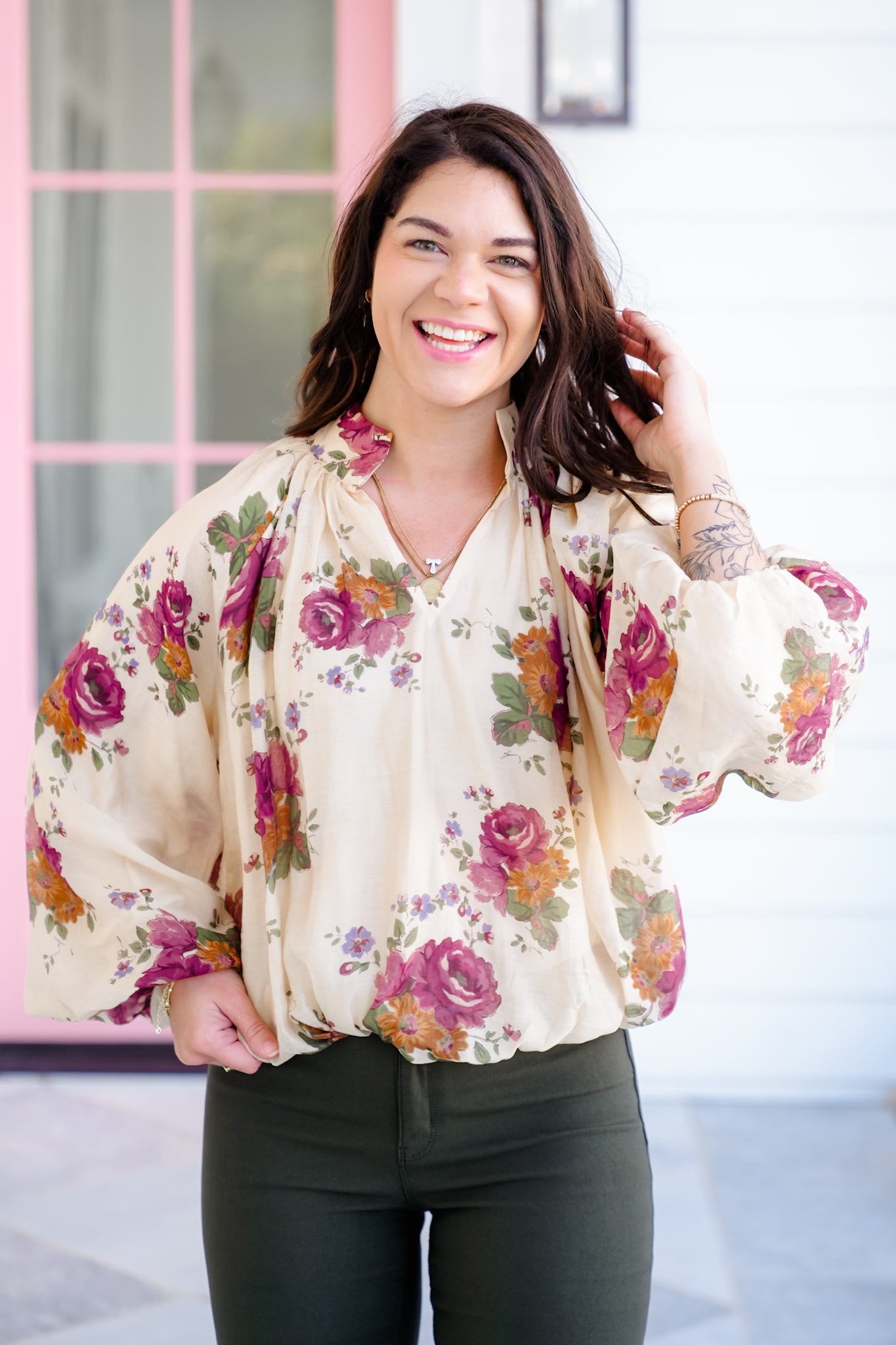 Floral Print Long Sleeve V Neck Blouse