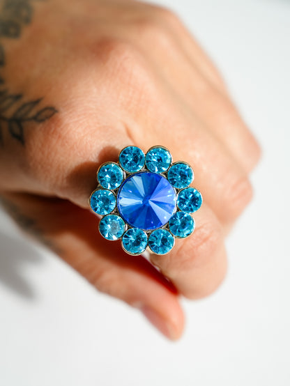 Sienna Peony Crystal Ring In Aqua Blue