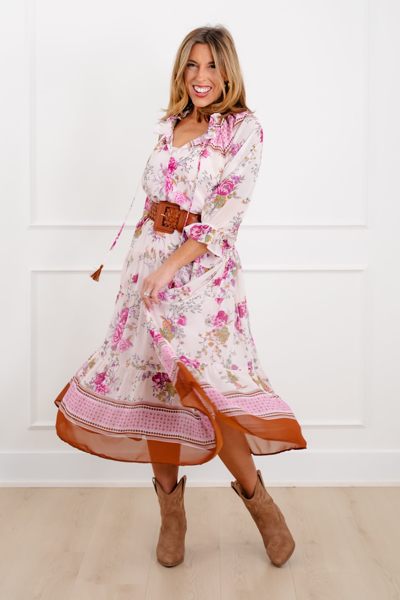 Floral Print 3/4 Sleeve Tiered Mix Dress