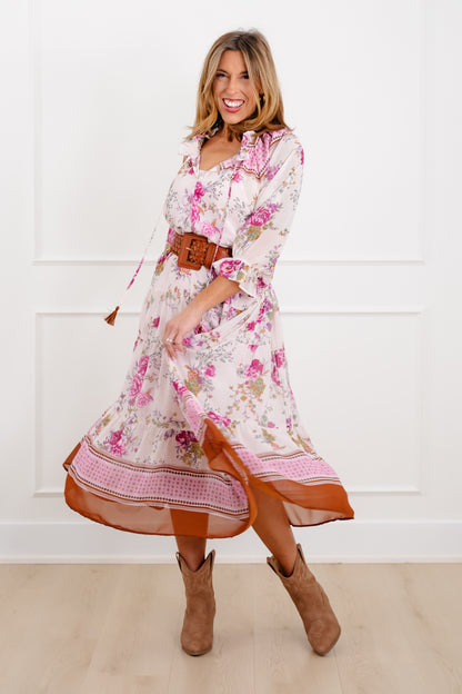 Floral Print 3/4 Sleeve Tiered Mix Dress