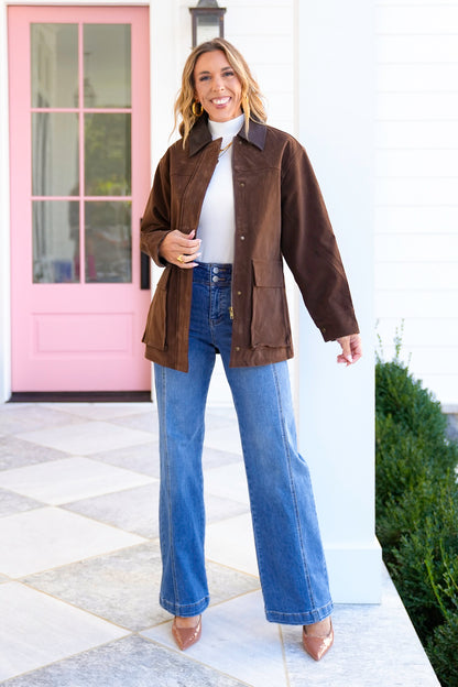 Long Sleeve Vegan Suede Jacket with Snap Button
