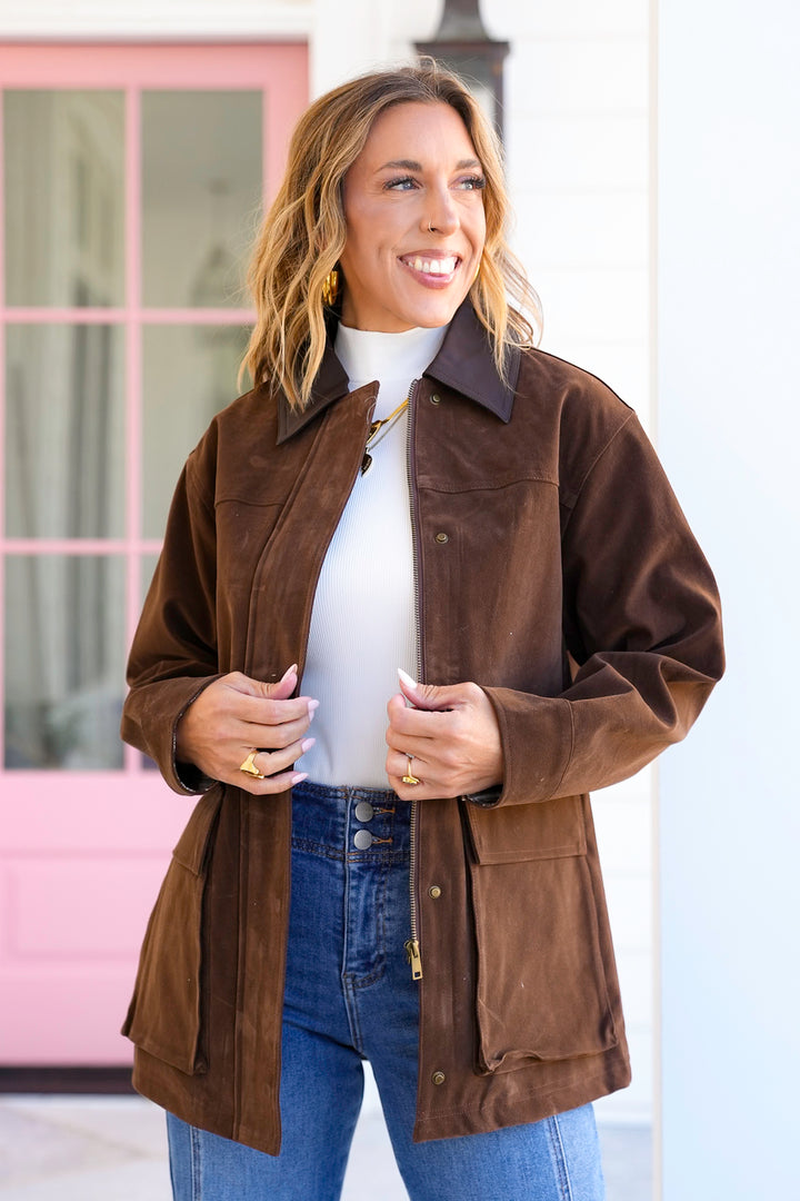 Long Sleeve Vegan Suede Jacket with Snap Button